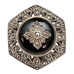 Sterling Silver Onyx Marcasite Hex Brooch, Maltese Cross Design Pin C690